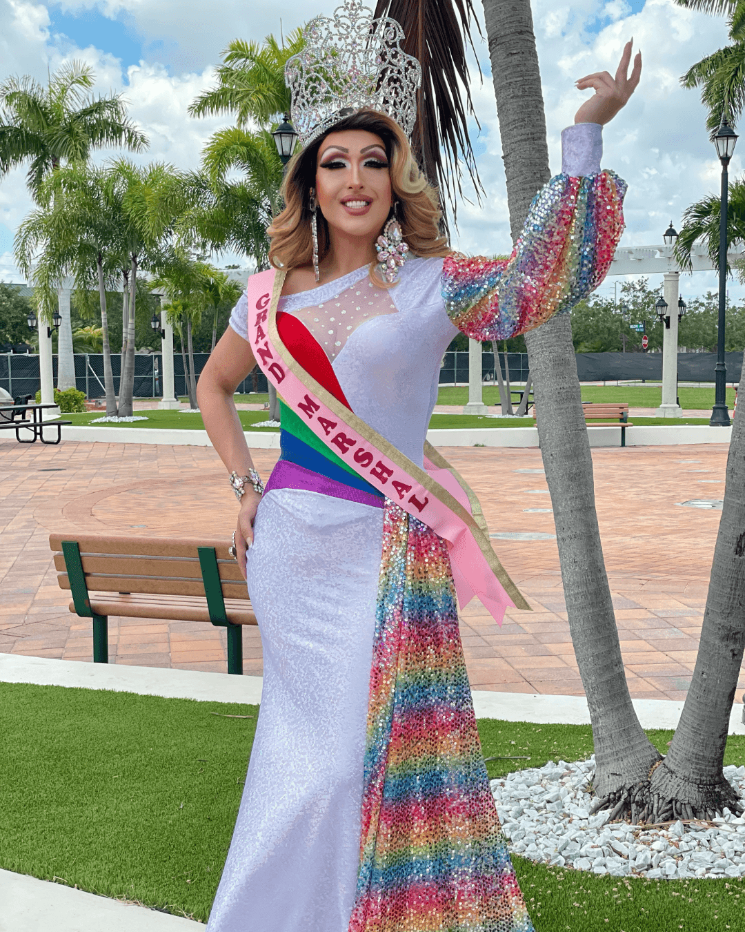 Miss Lita hosting an elegant gala, projecting authority